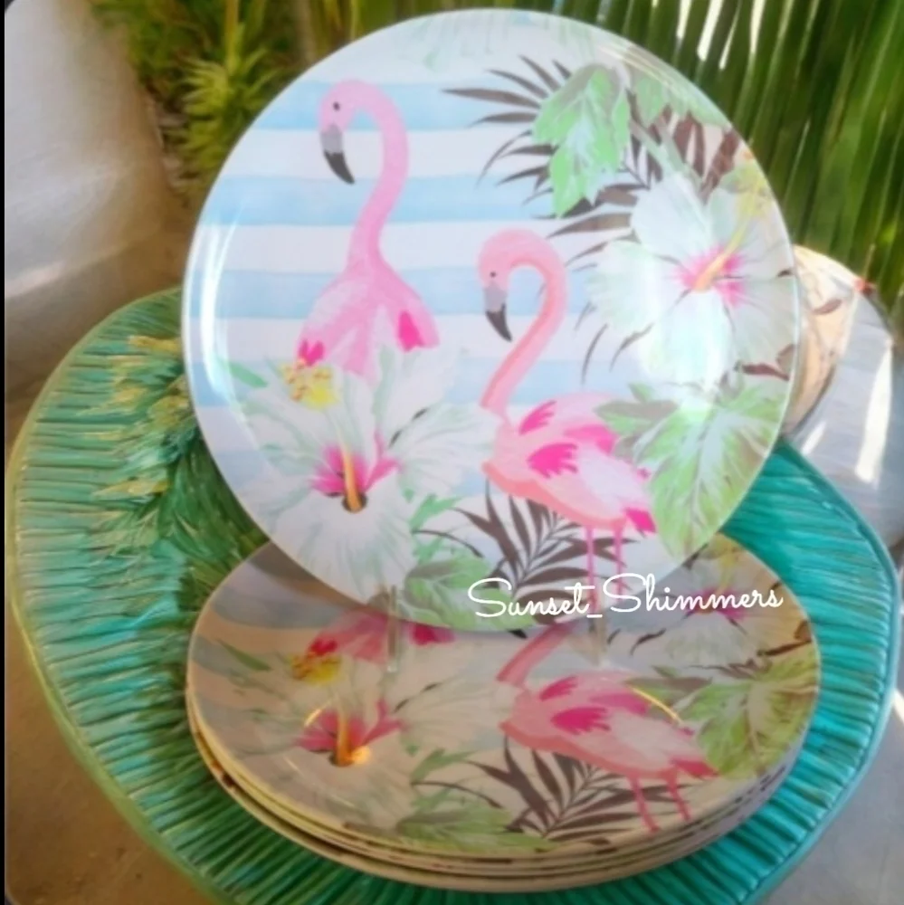 6pc Tropical Pink Flamingo Palm Hibiscus Flower Melamine Dinner Plate Set New